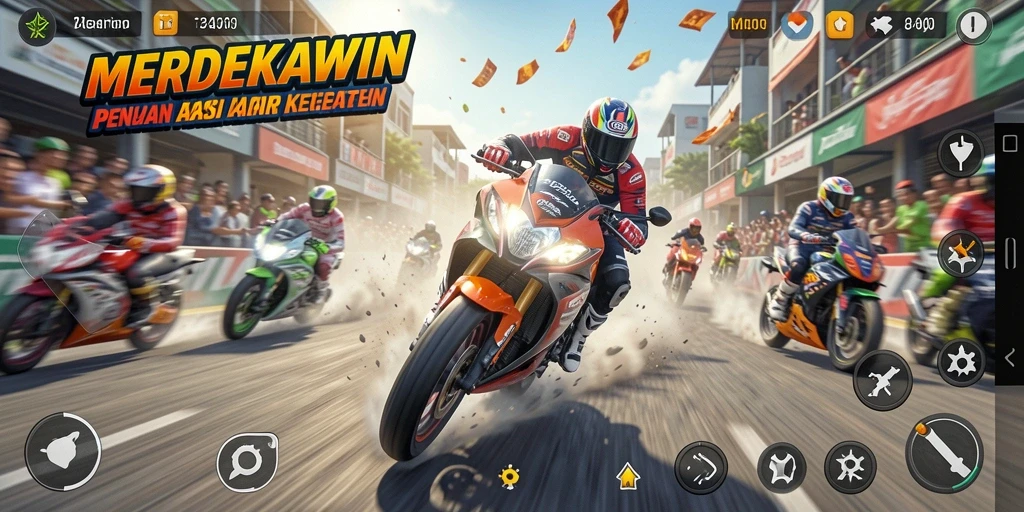 Screenshot gameplay seru dari balapan motor di MERDEKAWIN.