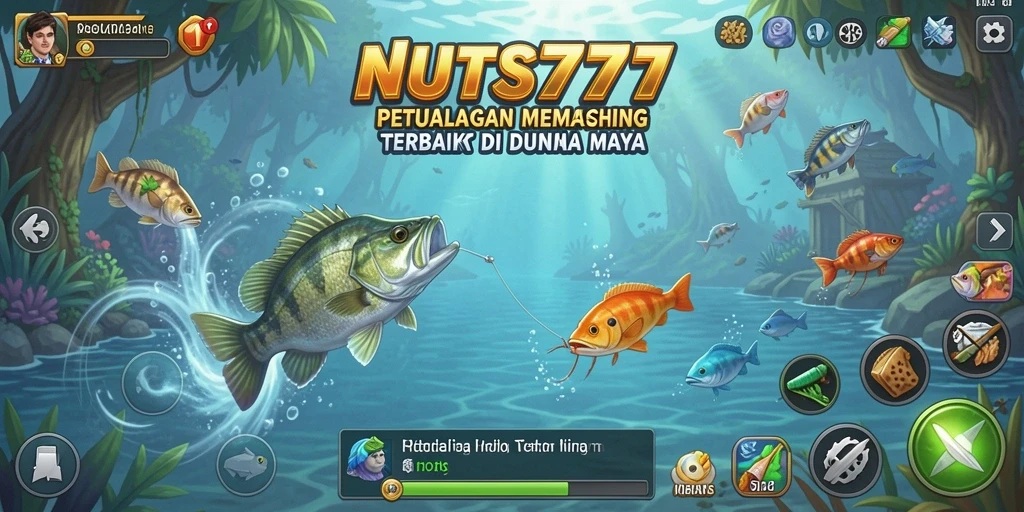Gameplay NUTS777 yang menampilkan momen menarik saat memancing.